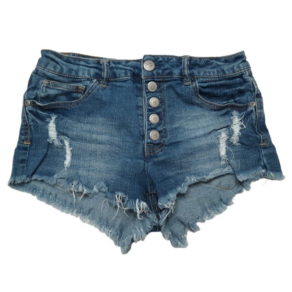 Highway Jeans Denim Shorts Womens 5-6 Blue Distressed Frayed Button Fly Grunge
